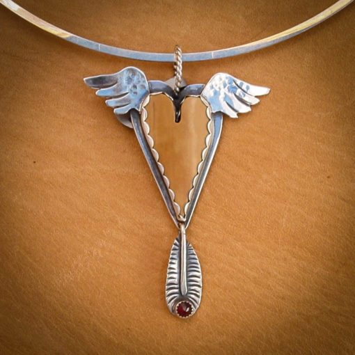 Heart w Wings Pendant with Fossil Ivory and Garnet Feather