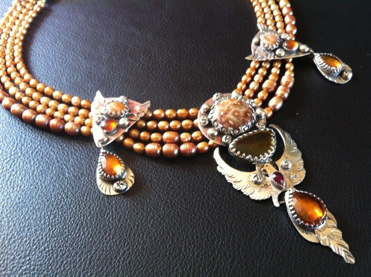 hawk image with Pearls, Citrine, and Fossil Coral