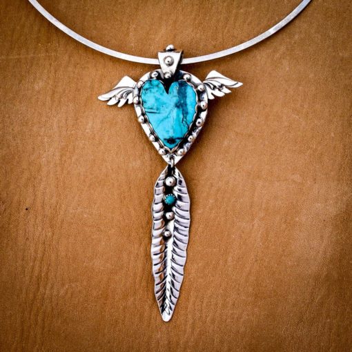 REVERSIBLE Heart w Wings Pendant w Turquoise and Pink