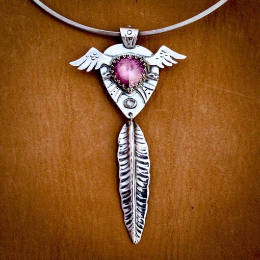 REVERSIBLE Heart w Wings Pendant w Turquoise and Pink - Image 3