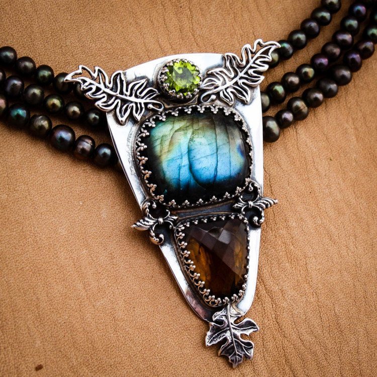 Handmade Pendant Centerpiece in Sterling wit beautiful Labradorite, faceted peridot and faceted smokey quartz with leaf detail.