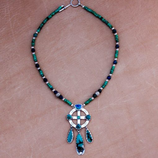 Medicine Wheel Necklace w/ Turquoise, Azurite and Emerald - Image 2