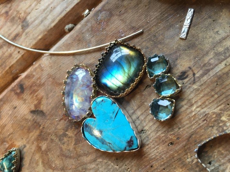 Some gemstones I'm working with. Carved turquoise heart, moonstone, labradorite and blue topaz with sterling