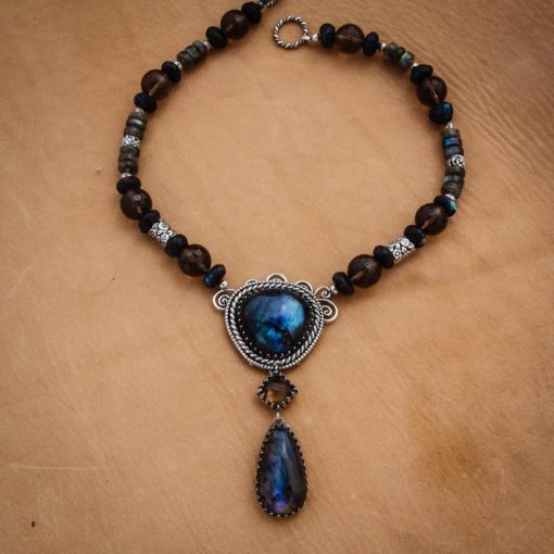 Handcrafted Reversible Tree Necklace w Labradorite, Black Pearl, Emerald, Smokey Quartz and Butterfly