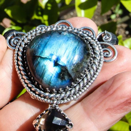 Handcrafted Reversible Tree Necklace w Labradorite, Black Pearl, Emerald, Smokey Quartz and Butterfly - Image 5