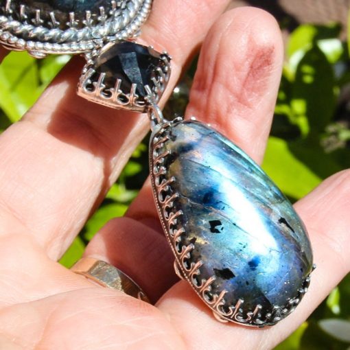 Handcrafted Reversible Tree Necklace w Labradorite, Black Pearl, Emerald, Smokey Quartz and Butterfly - Image 4