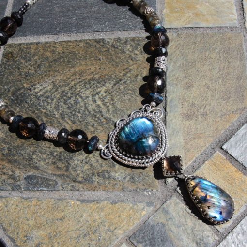 Handcrafted Reversible Tree Necklace w Labradorite, Black Pearl, Emerald, Smokey Quartz and Butterfly - Image 6