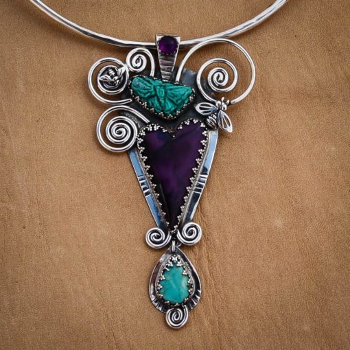Heart Pendant w Carved Turquoise Butterfly, Sugalite Heart and Amethyst