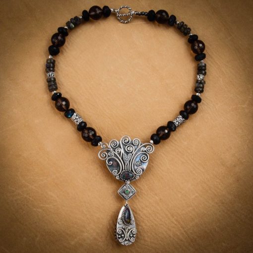 Handcrafted Reversible Tree Necklace w Labradorite, Black Pearl, Emerald, Smokey Quartz and Butterfly - Image 2