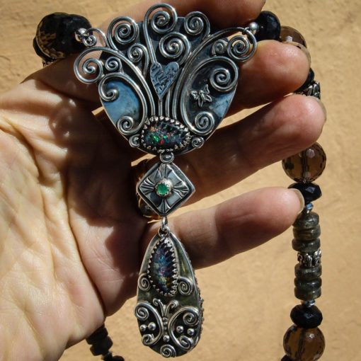Handcrafted Reversible Tree Necklace w Labradorite, Black Pearl, Emerald, Smokey Quartz and Butterfly - Image 3