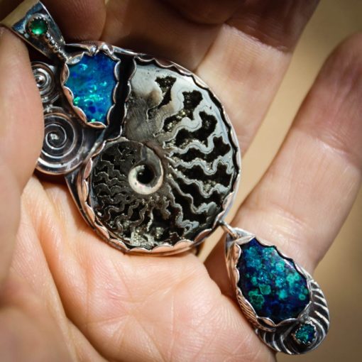 Oceanic Pendant w Opal, Pyritized Ammonite, Emerald, and Azurite - Image 3