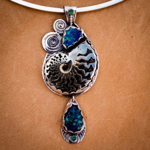 Oceanic Pendant w Opal, Pyritized Ammonite, Emerald, and Azurite