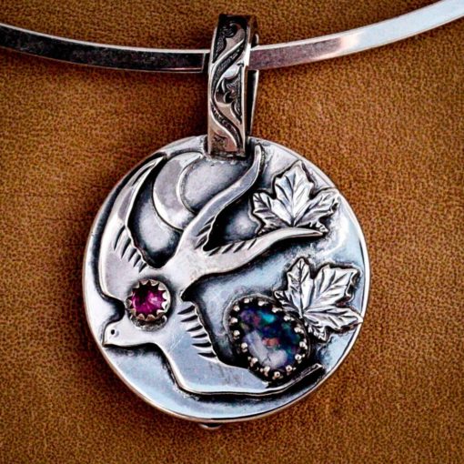 An Elegant Mystery-REVERSIBLE Bird, Rose Pendant w Turqiouse, Opal, and Ruby