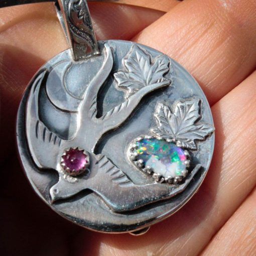 An Elegant Mystery-REVERSIBLE Bird, Rose Pendant w Turqiouse, Opal, and Ruby - Image 3