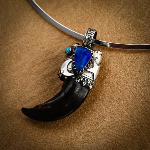 Runs with Wolves~ Blue Opal, Emerald, Wolf Claw w Hummingbird