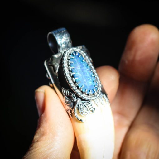 Moves with Spirit ~ Jaquar Toothe Pendant with Opal and Hessonite Garnet - Image 2
