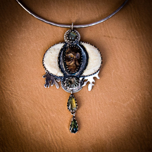 Earth Walk~Fossil Ivory, Labradorite Skull Pendant