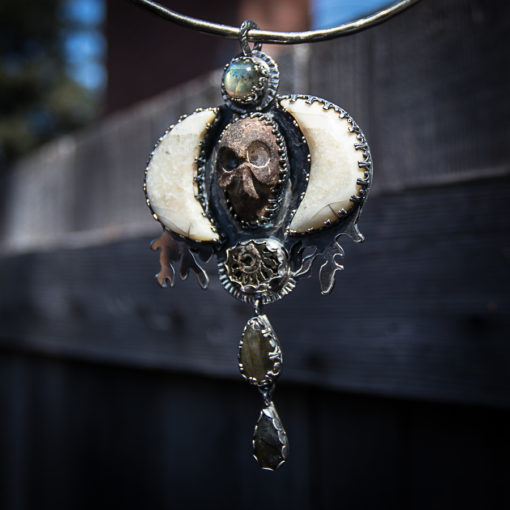 Earth Walk~Fossil Ivory, Labradorite Skull Pendant - Image 2